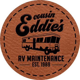 Close-up of the "Cousin Eddie's RV Maintenance" leatherette patch with a playful nod to RV life.