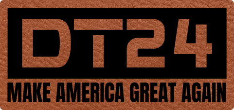 Close-up of the "DT24 Make America Great Again" leatherette patch with bold political text.