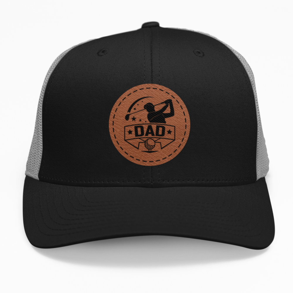 Preview of the "Dad Golf Swing" leatherette patch on a custom hat.