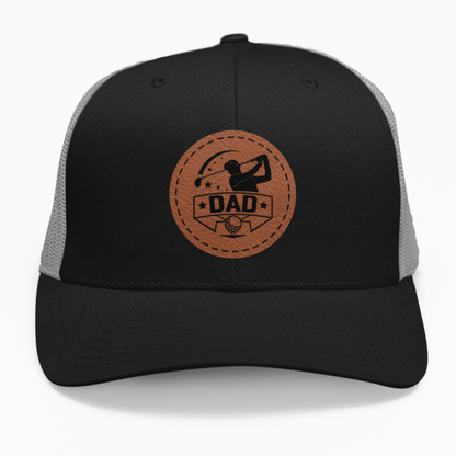 Preview of the "Dad Golf Swing" leatherette patch on a custom hat.