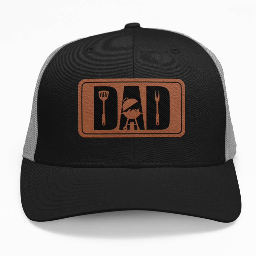 Preview of the "Dad Grill" leatherette patch on a custom hat.