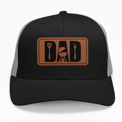 Preview of the "Dad Grill" leatherette patch on a custom hat.