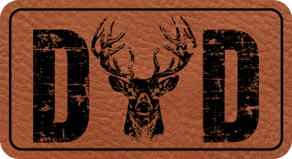 Close-up of the "Dad Buck" leatherette patch where a buck replaces the "A" in "Dad."