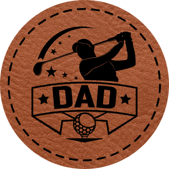 Close-up of the "Dad" leatherette patch featuring a golfer mid-swing above the word "Dad" with stars and a golf ball.