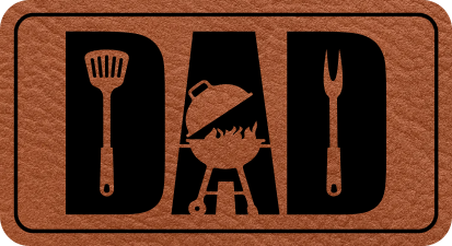 Close-up of the "Dad" leatherette patch with grilling utensils and a grill incorporated into the word "Dad."