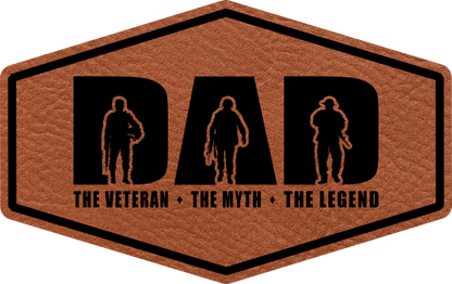 Close-up of the 'Dad Veteran' leatherette patch, featuring a bold design combining 'Dad' with military-inspired elements, perfect for custom patriotic hats.