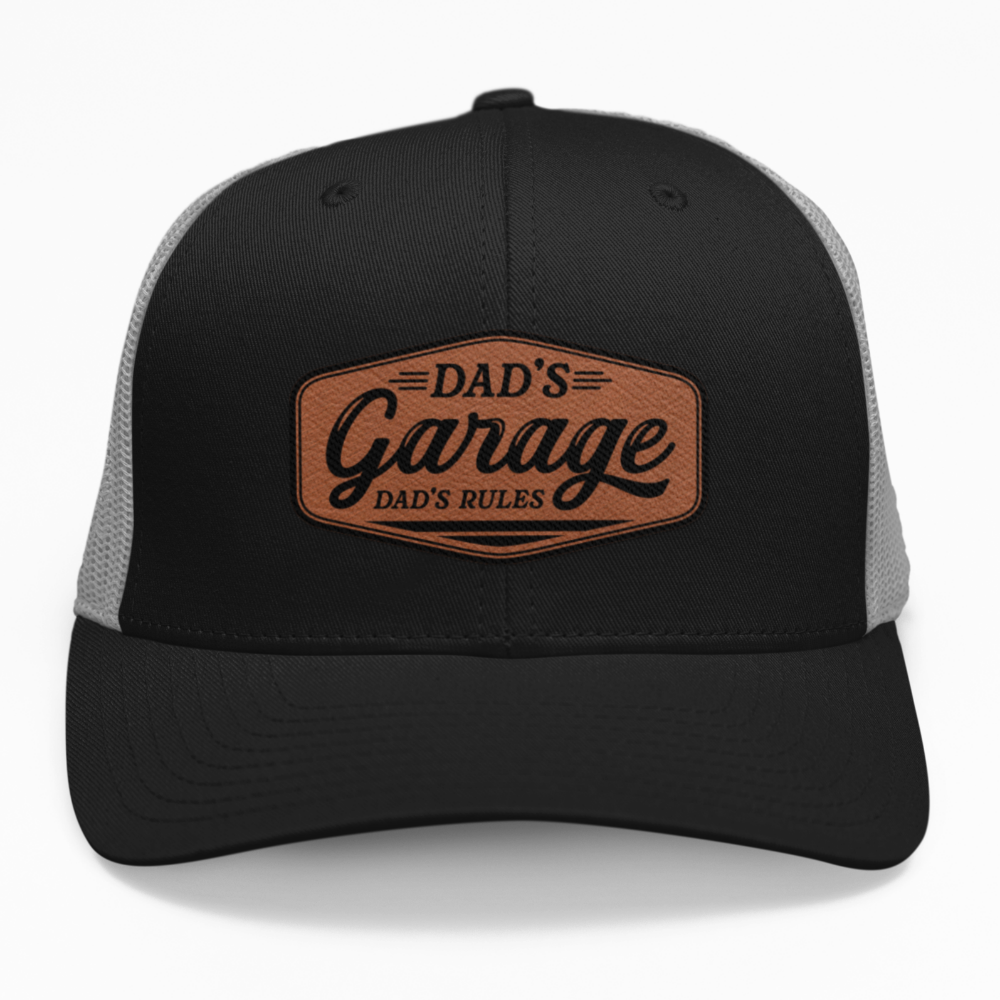 Preview of the "Dad's Garage Dad's Rules" leatherette patch on a custom hat.