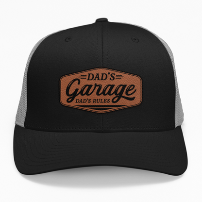 Preview of the "Dad's Garage Dad's Rules" leatherette patch on a custom hat.