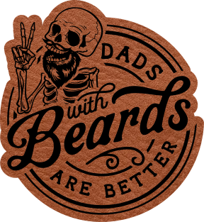 Close-up of the "Dads with Beards" skeleton leatherette patch featuring a skeleton with a beard.