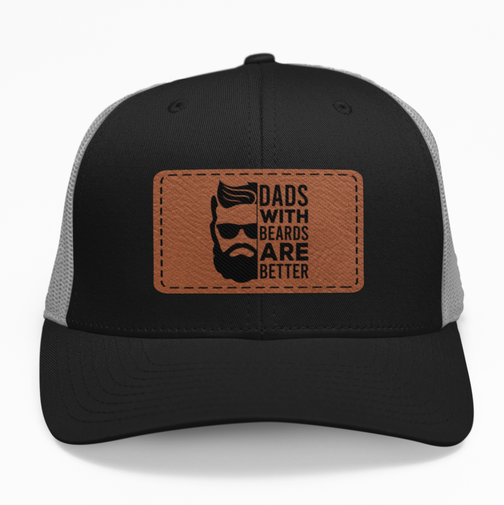 Preview of the "Dads with Beards Are Better" leatherette patch on a custom hat.