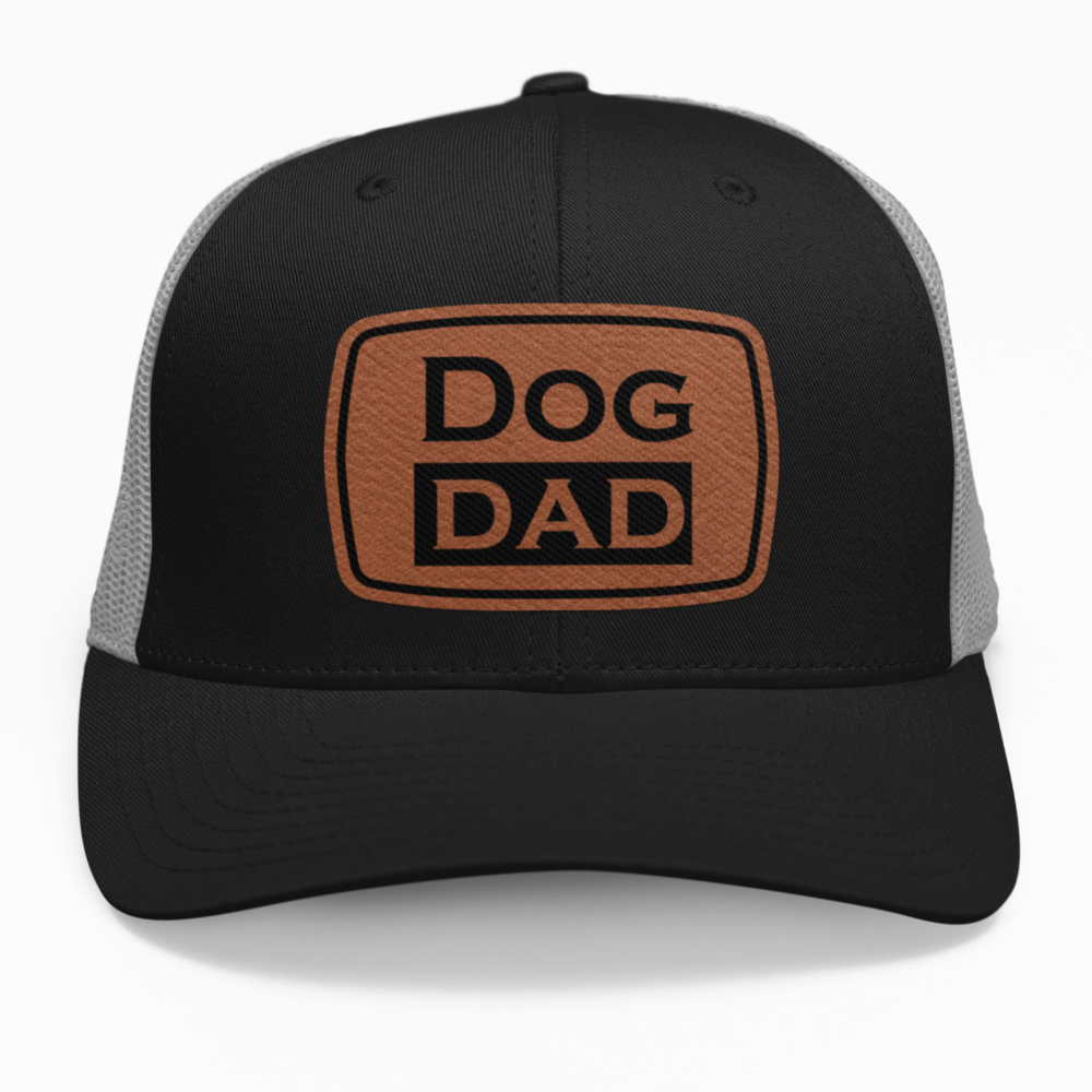 Preview of the "Dog Dad" leatherette patch on a custom hat.