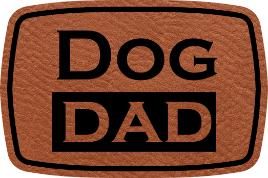 Close-up of the "Dog Dad" leatherette patch featuring bold text.