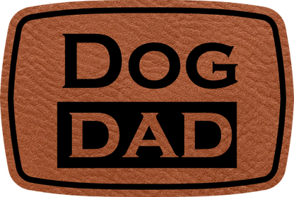 Close-up of the "Dog Dad" leatherette patch featuring bold text.