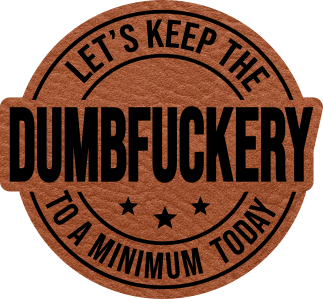 Close-up of the "Keep The Dumb to a Minimum" leatherette patch featuring bold, humorous text.