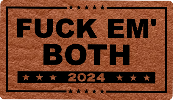 Close-up of the "F Them Both 2024" leatherette patch featuring a bold political statement.