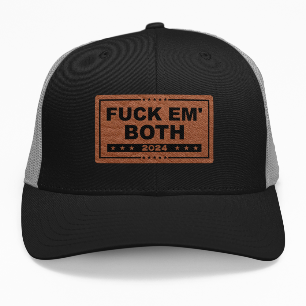 Preview of the "F Them Both 2024" leatherette patch on a custom hat.