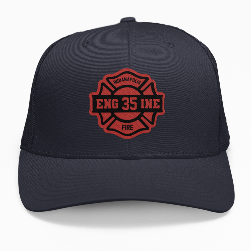 Preview of the custom Maltese Cross leatherette patch on a firefighter hat, showing the customizable sections.