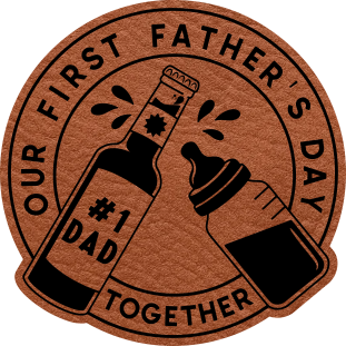 Close-up of the "First Father’s Day Cheers" leatherette patch featuring a beer bottle and baby bottle clinking together.