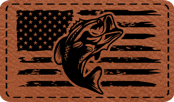 Close-up of the 'American Flag with Fish' leatherette patch, combining a patriotic flag design with fish elements for outdoor lovers.