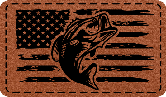 Close-up of the 'American Flag with Fish' leatherette patch, combining a patriotic flag design with fish elements for outdoor lovers.