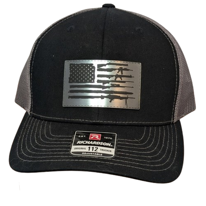 American Flag with Guns Patch Hat - Premium Brushed Aluminum Snapback