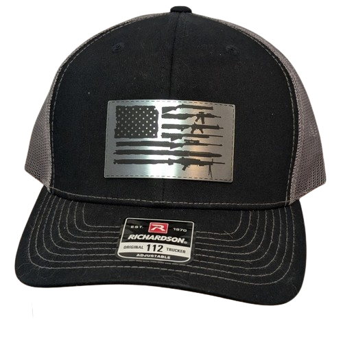 American Flag with Guns Patch Hat - Premium Brushed Aluminum Snapback