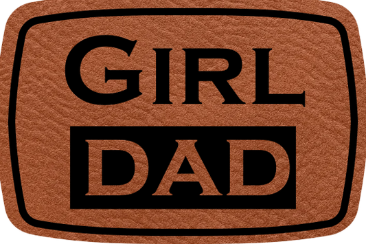 Close-up of the "Girl Dad" leatherette patch featuring bold text.