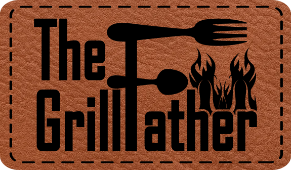 Close-up of the "Grill Father Fork" leatherette patch with a fork and spoon forming the "F."