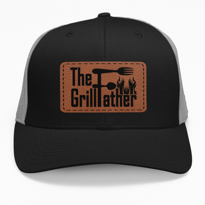 Preview of the "Grill Father Fork" leatherette patch on a custom hat.