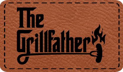 Close-up of the "Grill Father Hot Dog" leatherette patch featuring bold text and a hot dog graphic.