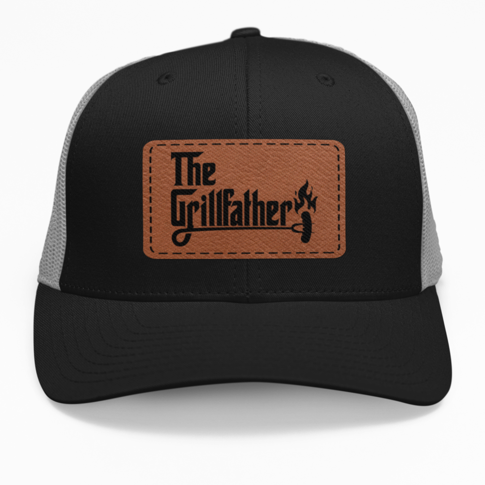 Preview of the "Grill Father Hot Dog" leatherette patch on a custom hat.