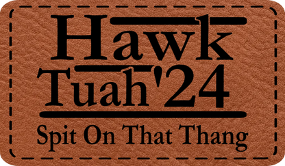 Close-up of the "Hawk Tuah '24" leatherette patch with viral slogan design.