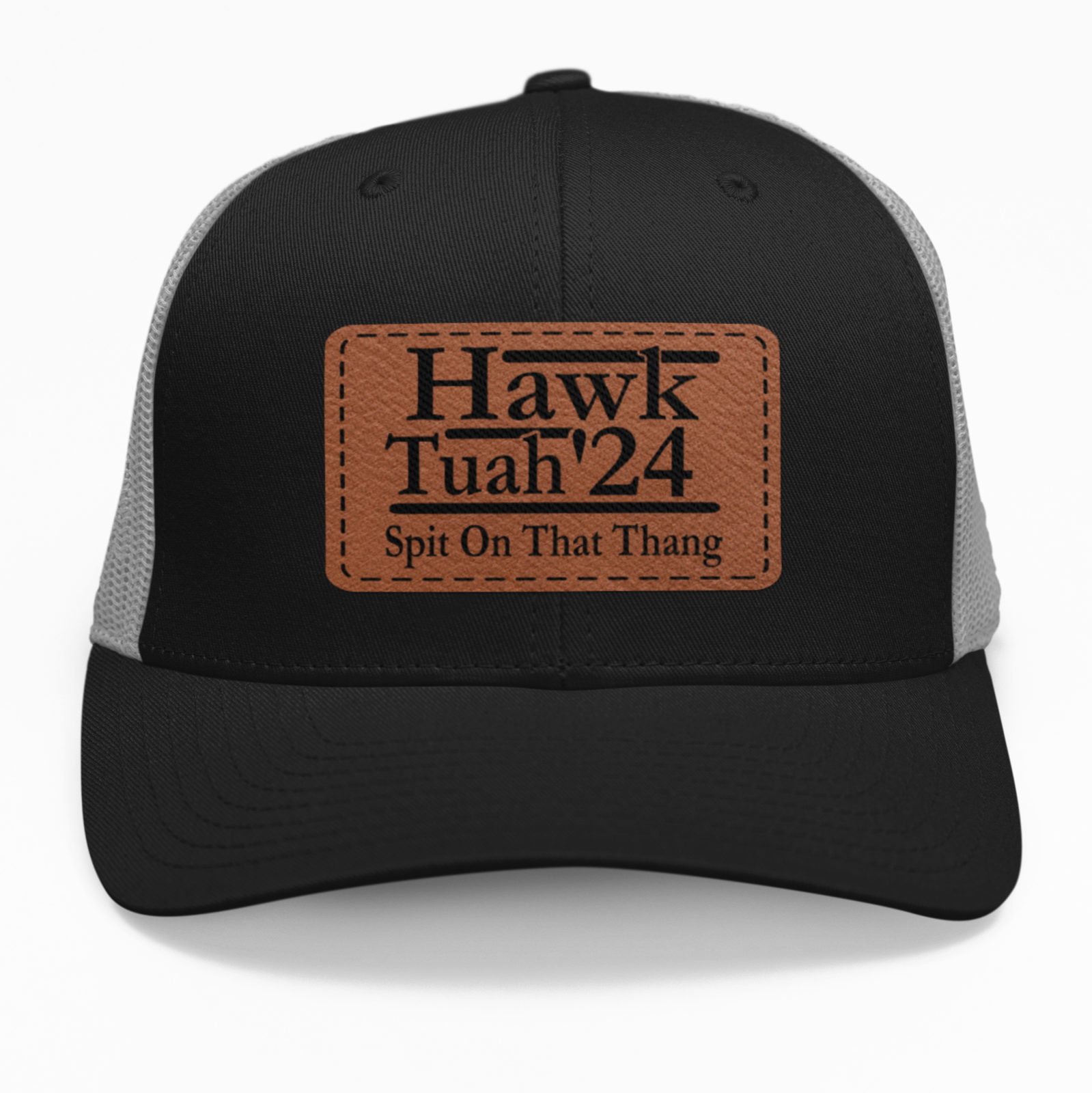 Preview of the "Hawk Tuah '24" leatherette patch on a custom hat.