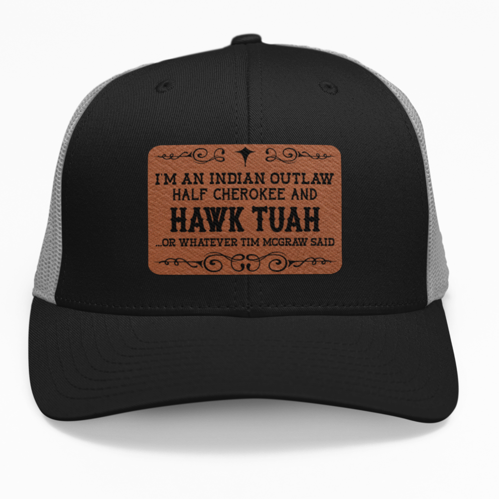 Preview of the "Hawk Tuah Outlaw" leatherette patch on a custom hat.