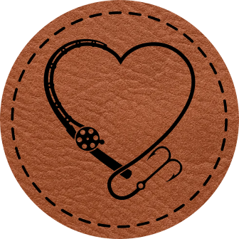 Close-up of the "Heart Fishing" leatherette patch with a heart formed by a fishing pole and hook.