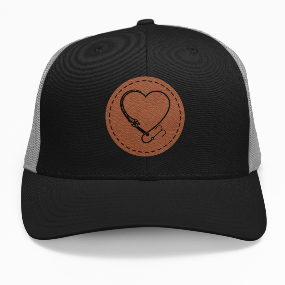 Preview of the "Heart Fishing" leatherette patch on a custom hat.