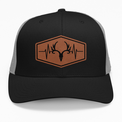 Preview of the "Hunting Heartbeat" leatherette patch on a custom hat.