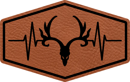 Close-up of the "Hunting Heartbeat" leatherette patch featuring a heart rhythm with a deer head in the middle.