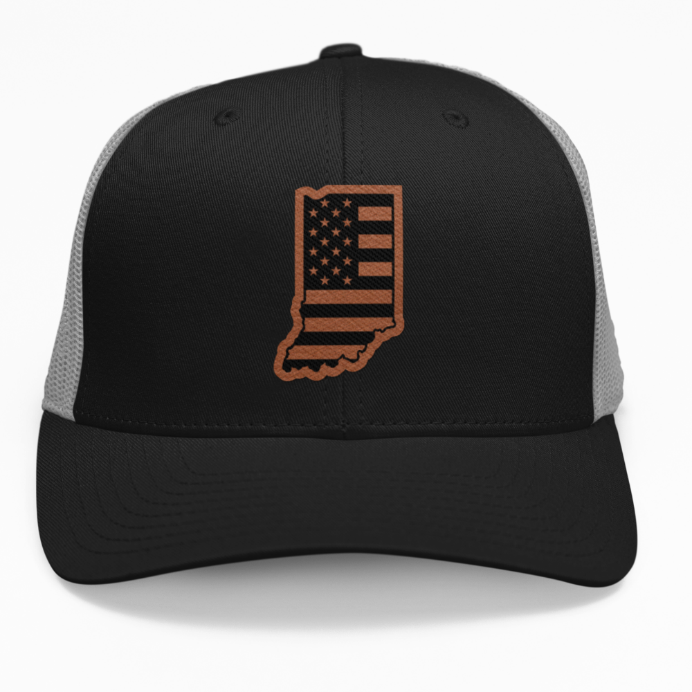 Preview of the "State Flag" leatherette patch on a custom hat.