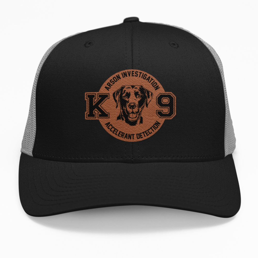 Preview of the "K9 Arson Investigation" leatherette patch on a custom hat.