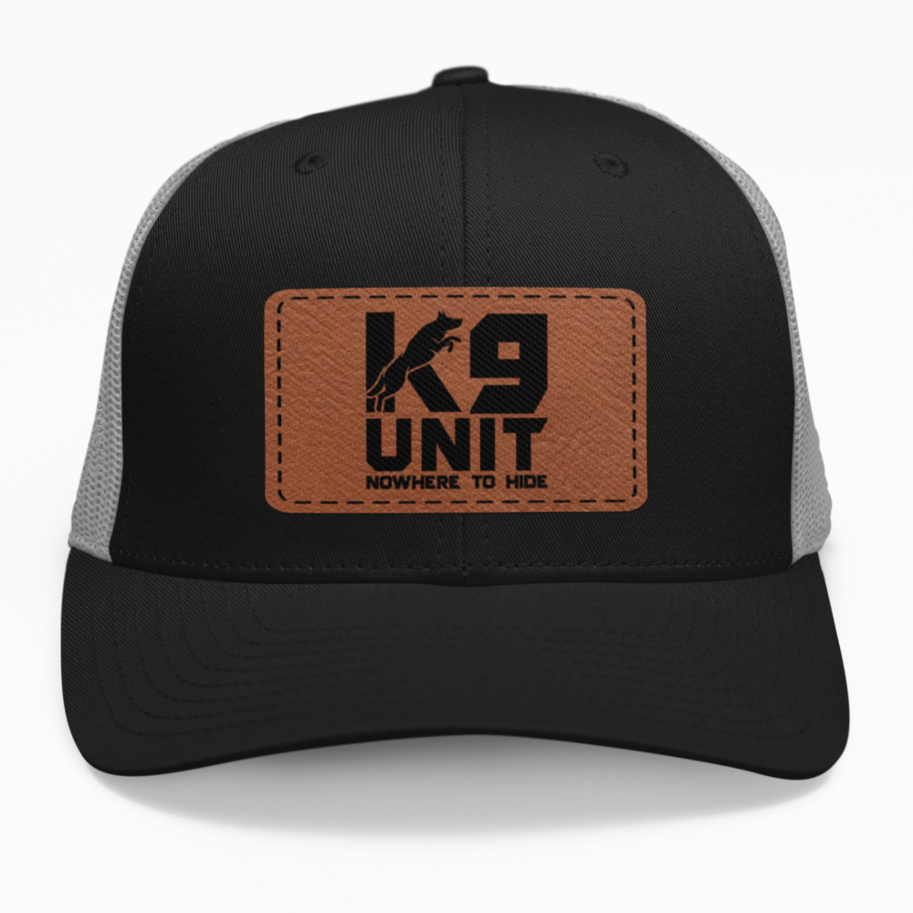 Preview of the "K9 Unit Nowhere To Hide" leatherette patch on a custom hat.