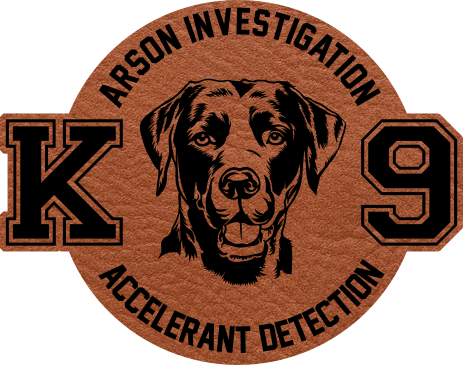 Close-up of the "K9 Arson Investigation" leatherette patch featuring a Labrador Retriever with "K" and "9" on either side.