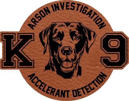 Close-up of the "K9 Arson Investigation" leatherette patch featuring a Labrador Retriever with "K" and "9" on either side.