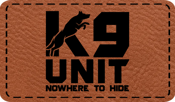 Close-up of the "K9 Unit Nowhere To Hide" leatherette patch featuring bold text for a police-themed design.