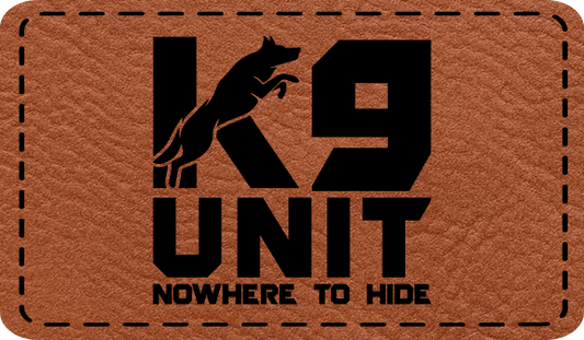 Close-up of the "K9 Unit Nowhere To Hide" leatherette patch featuring bold text for a police-themed design.