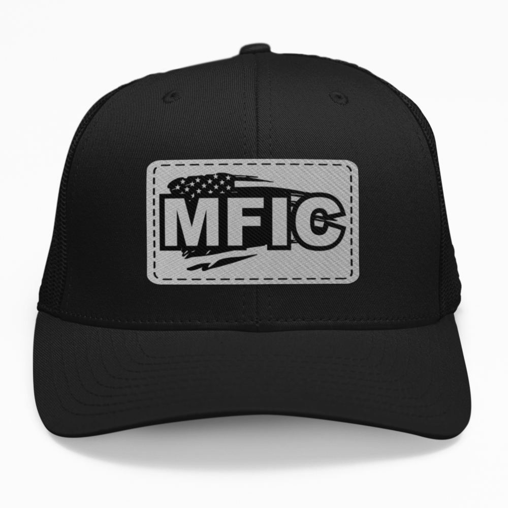 Preview of the "MFIC Flag" leatherette patch on a custom hat.