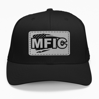 Preview of the "MFIC Flag" leatherette patch on a custom hat.