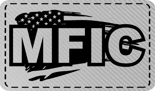 Close-up of the "MFIC Flag" leatherette patch with bold, humorous text abbreviation.