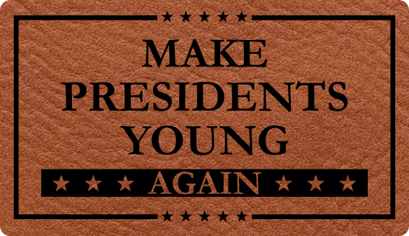 Close-up of the "Make Presidents Young Again 2024" leatherette patch featuring bold text.