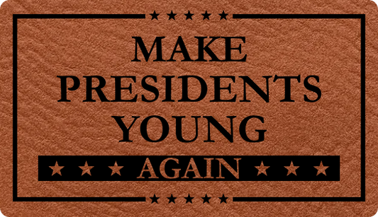 Close-up of the "Make Presidents Young Again 2024" leatherette patch featuring bold text.